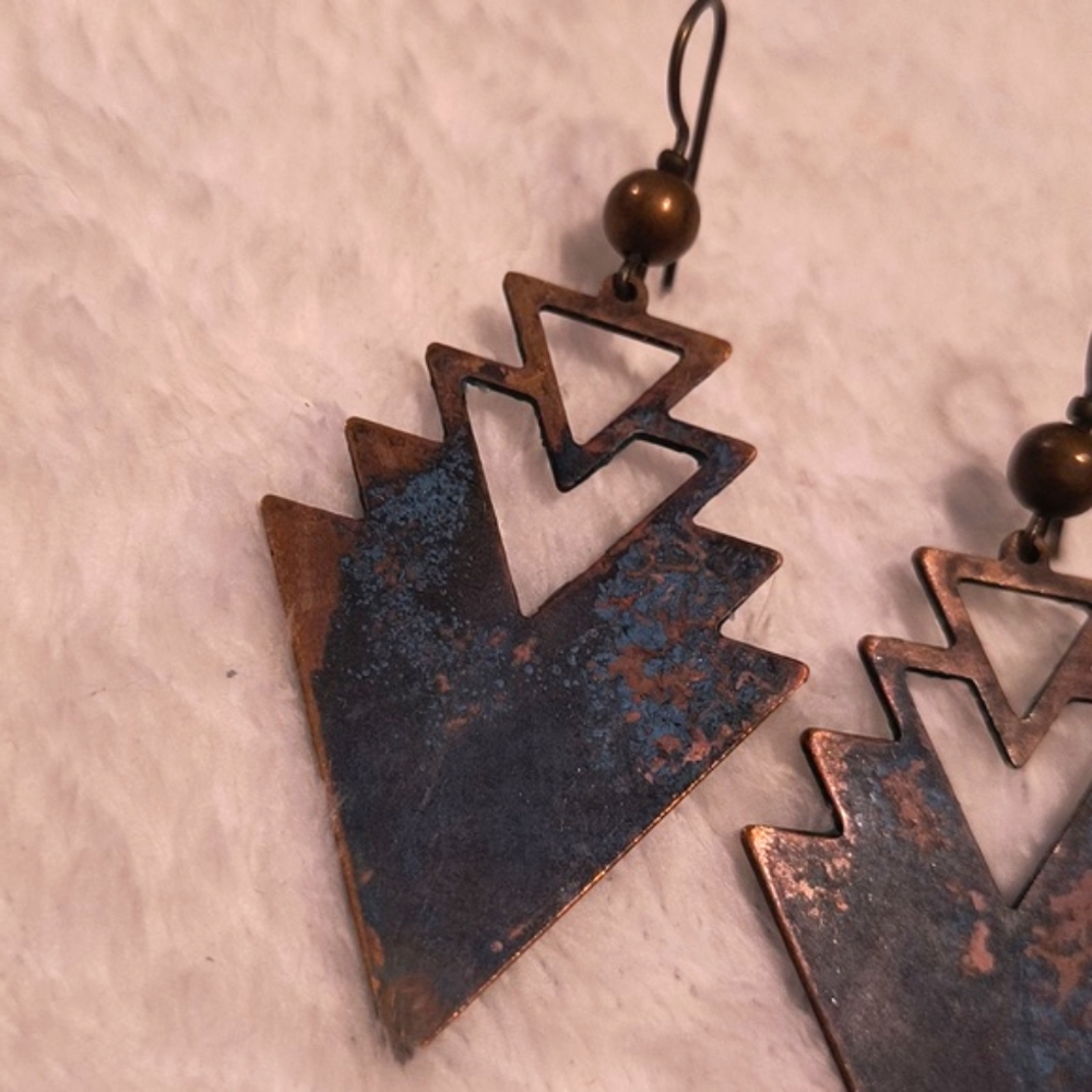 Aztec Bronze Geometric Earrings - Picture 2 of 4